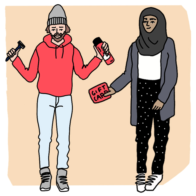 Illustration of a young woman handing a man a gift card
