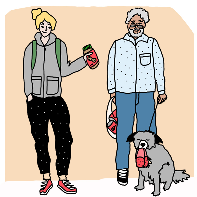 Illustration of a person handing a man with a dog a jar of peanut butter