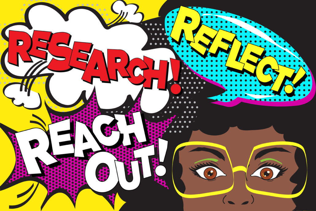 Respectful volunteers research reflect and reach out illustration