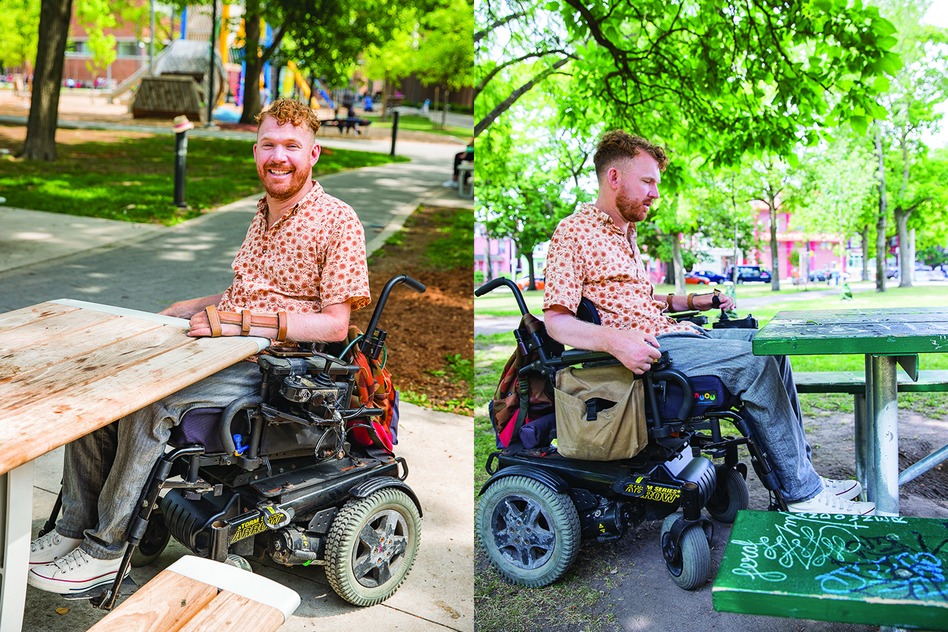 Two photos side by side: the first shows Anderson pulled up to an accessible picnic table, while the second shows a photo of him unable to reach the table of another, less accessible picnic table.