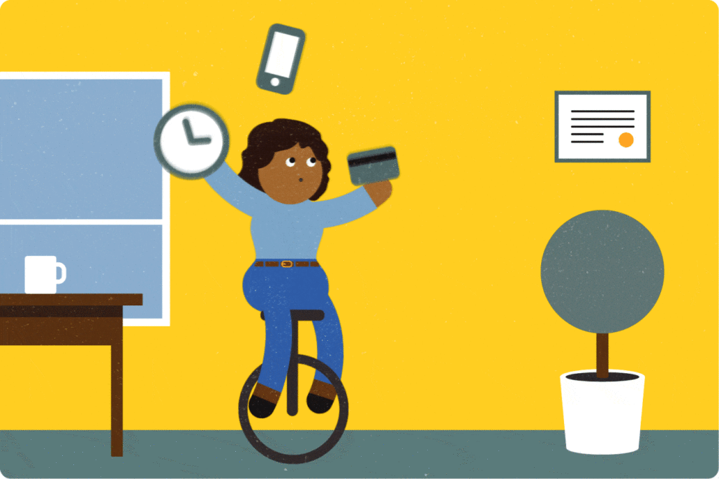 Animated image of a woman on a unicycle juggling a clock phone and credit card in a blue and yellow office