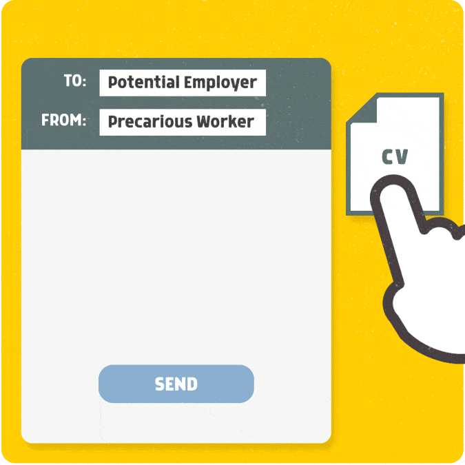 Animated illustration of a hand dragging a CV document into the body of an email addressed to potential employers