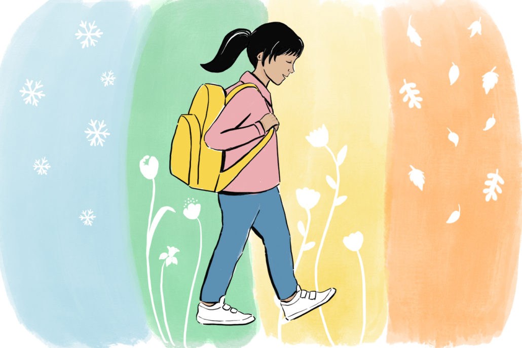 Illustration of girl in pink jacket and blue pants walking against four seasonal colour panels