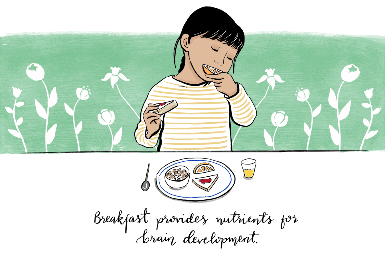 Child in striped shirt eating a nutritious breakfast