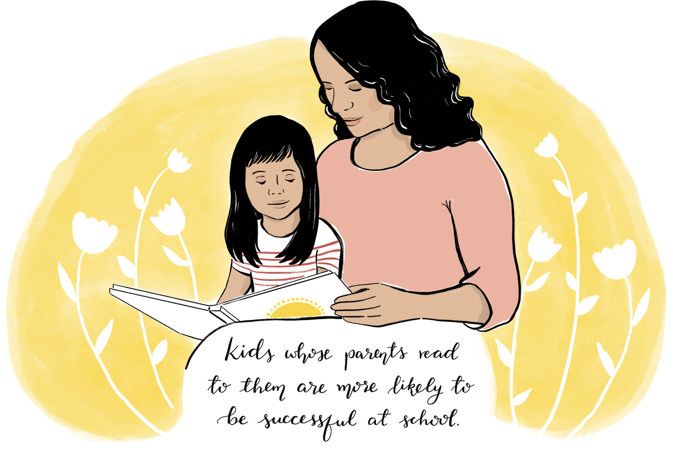 Mother in pink shirt reading to child before yellow background