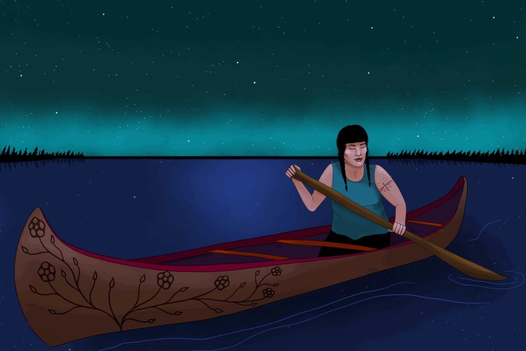 Illustration of woman paddling canoe on lake against dark skyline