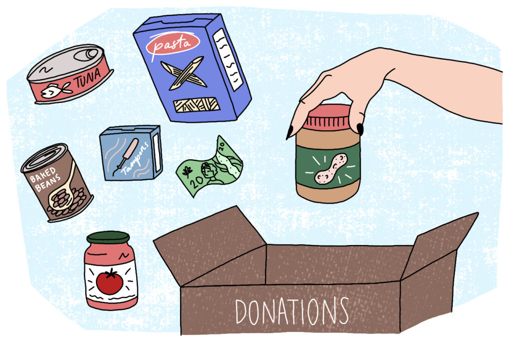 Illustration of a hand dropping food items into a donation box for a food bank.