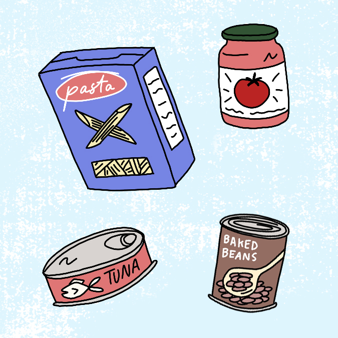 Illustration of four products: pasta, tomato sauce, tuna and baked beans