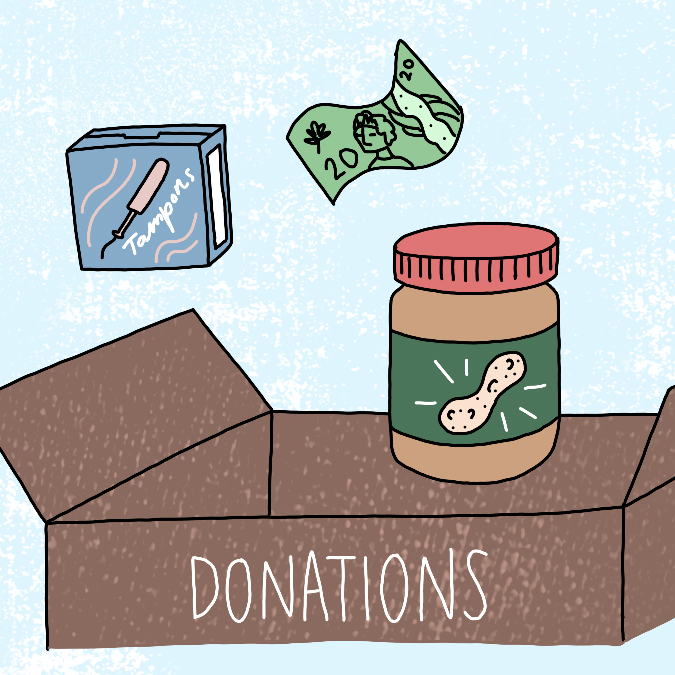 Illustration of peanut butter, tampons and cash above a donation box