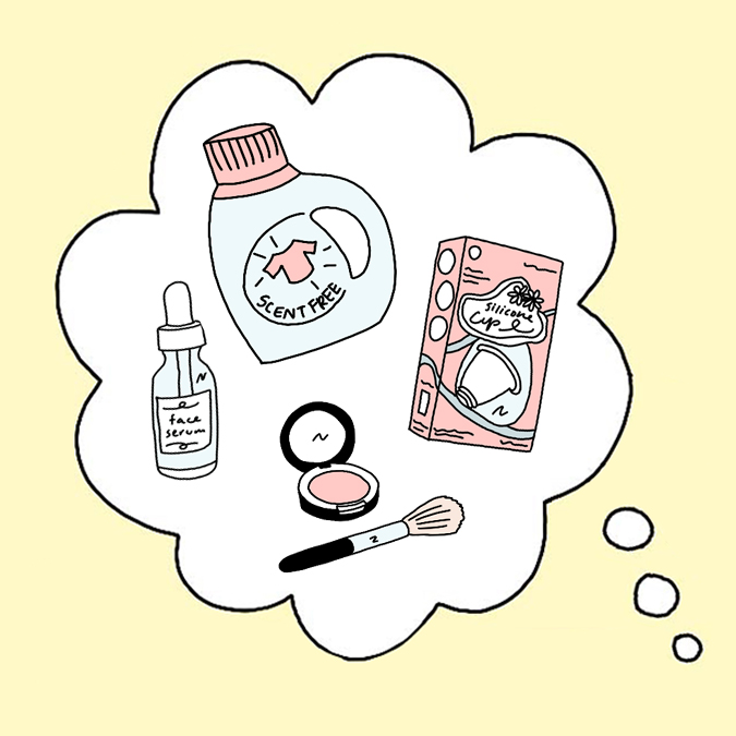 Illustration of items such as makeup and laundry detergent