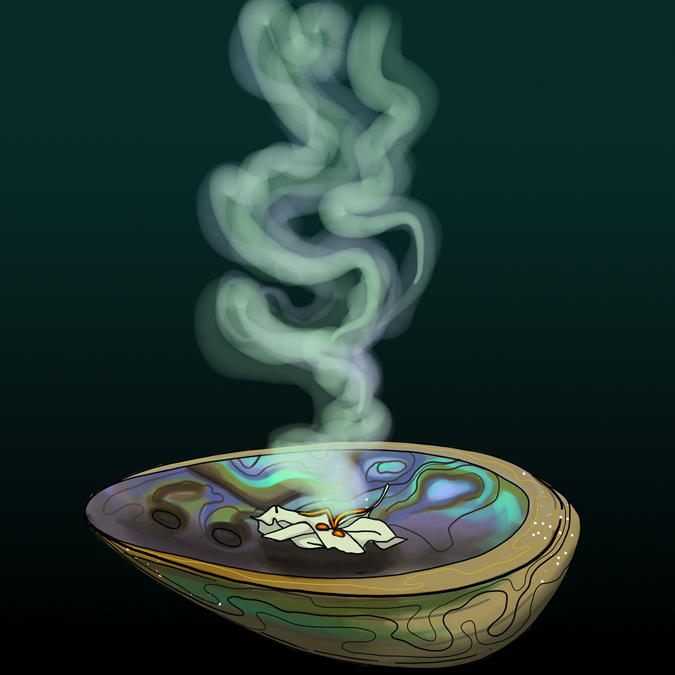 Illustration of an albacore shell with smoke wafting up from burning herbs.