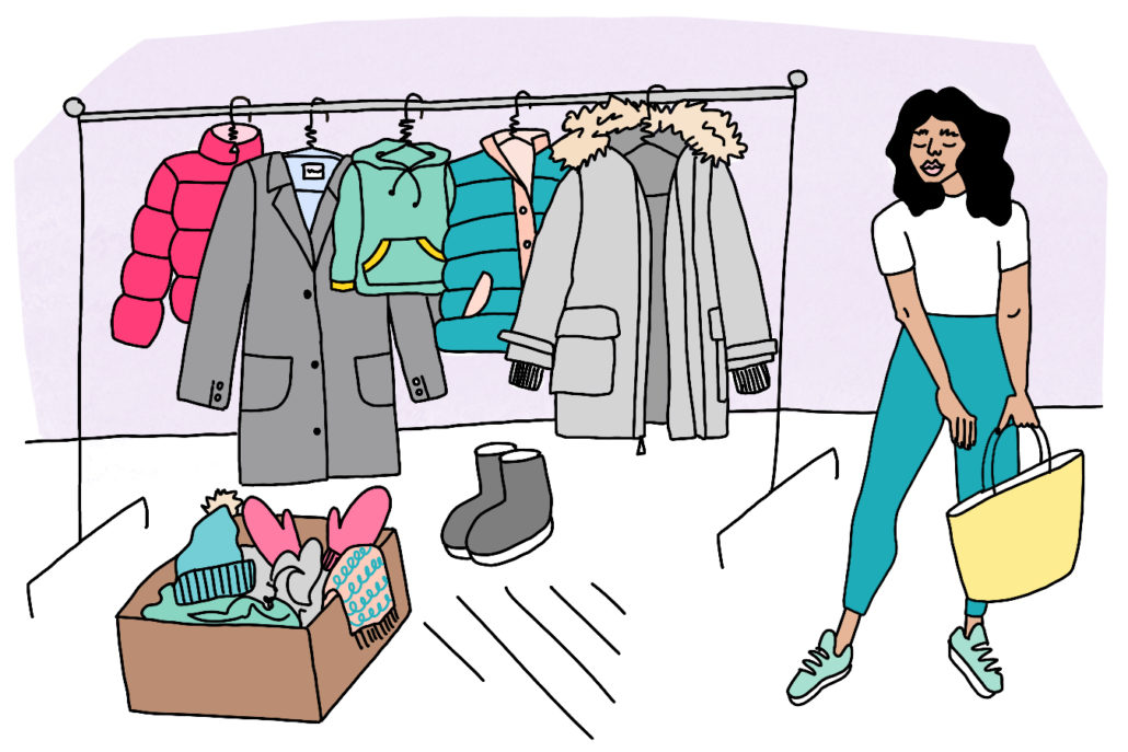 Illustration of woman standing beside five colourful winter coats on a rack