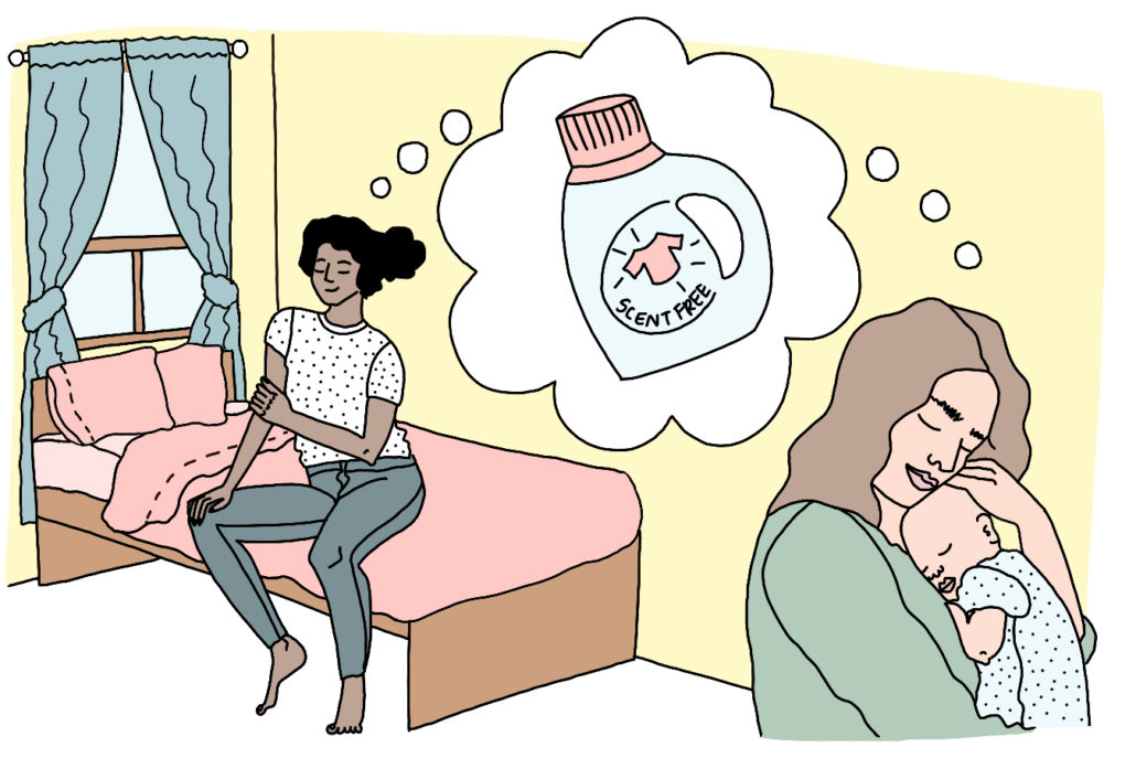 Illustration of one woman sitting on a bed and another standing holding a baby. Both share a thought bubble that is of a bottle of laundry detergent.