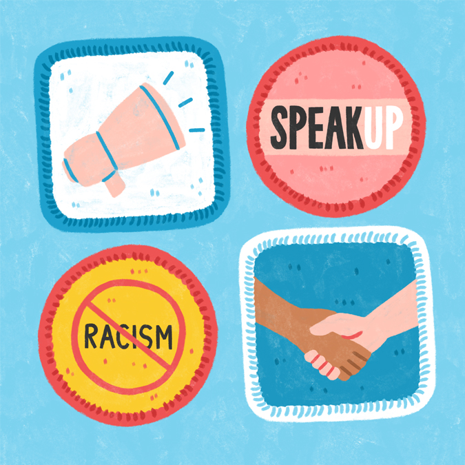 Illustration of scout style achievement badges showing megaphone shaking hands and words speak up and no racism