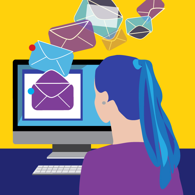 Illustration of person with blue hair and purple shirt seen from behind with many colourful envelopes flowing off a monitor