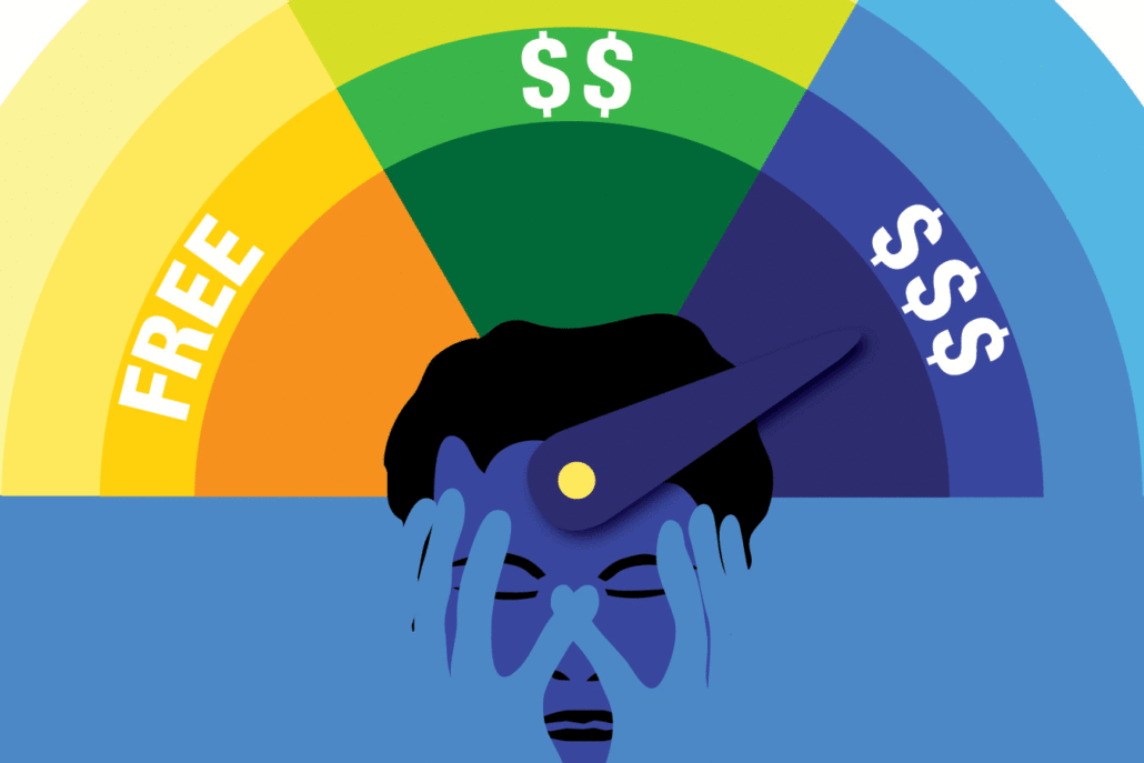 Illustration of someone looking frustrated at the high cost of mental health services