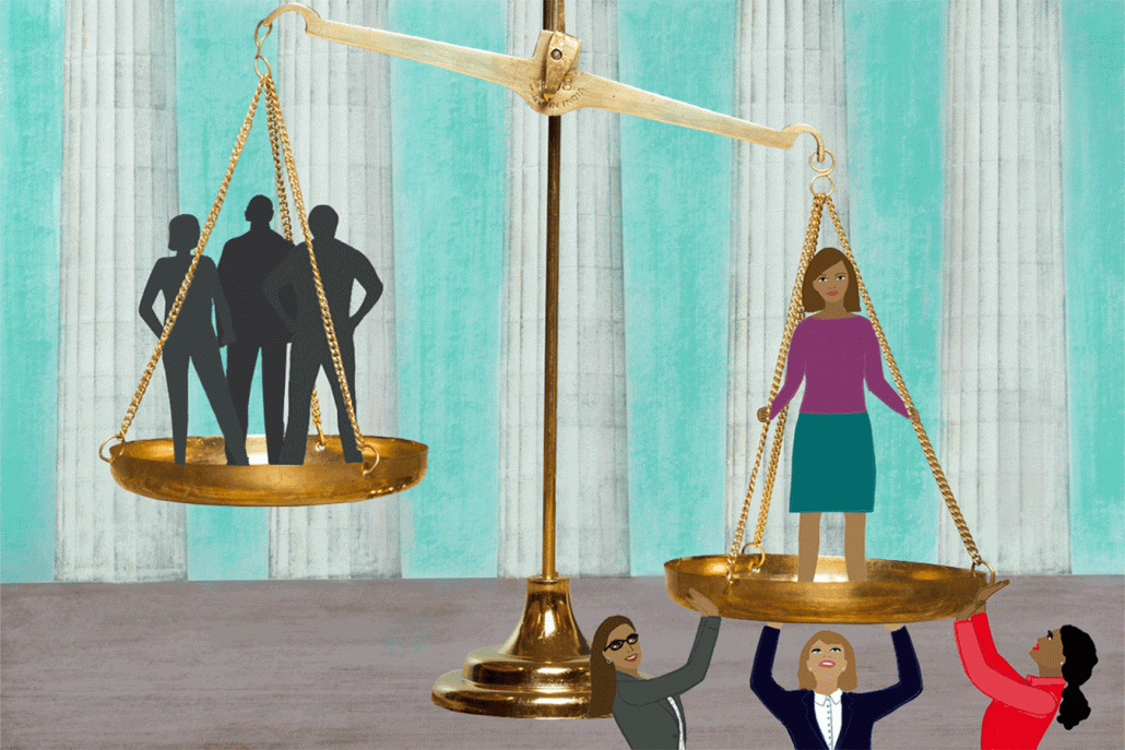 Animated illustration of woman standing on scales of justice supported by other women