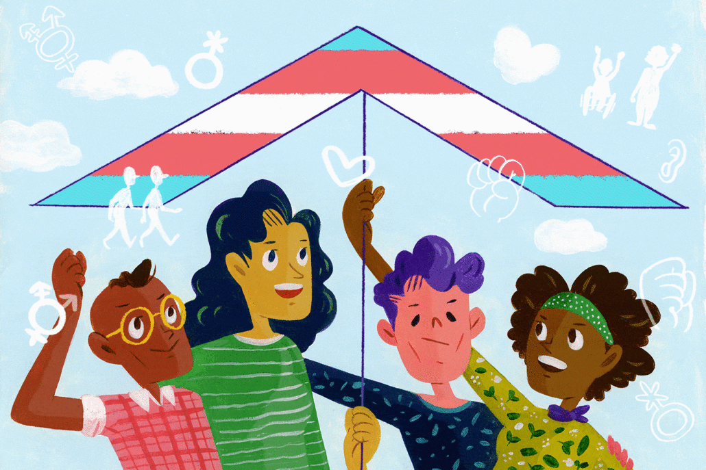 Illustrative GIF of a group of individuals standing under an umbrella