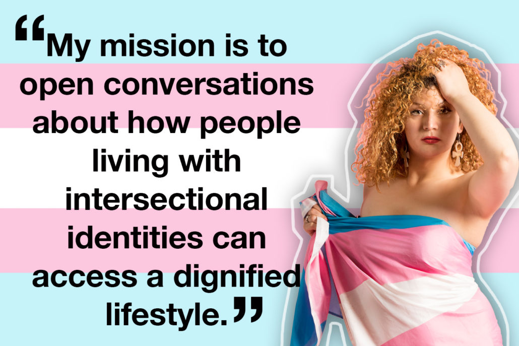 Illustration of a flag with quote: "My mission is to open conversations about how people living with intersectional identities can access a dignified lifestyle."