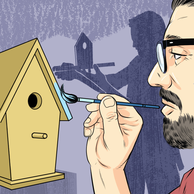 Illustration of a man painting a birdhouse