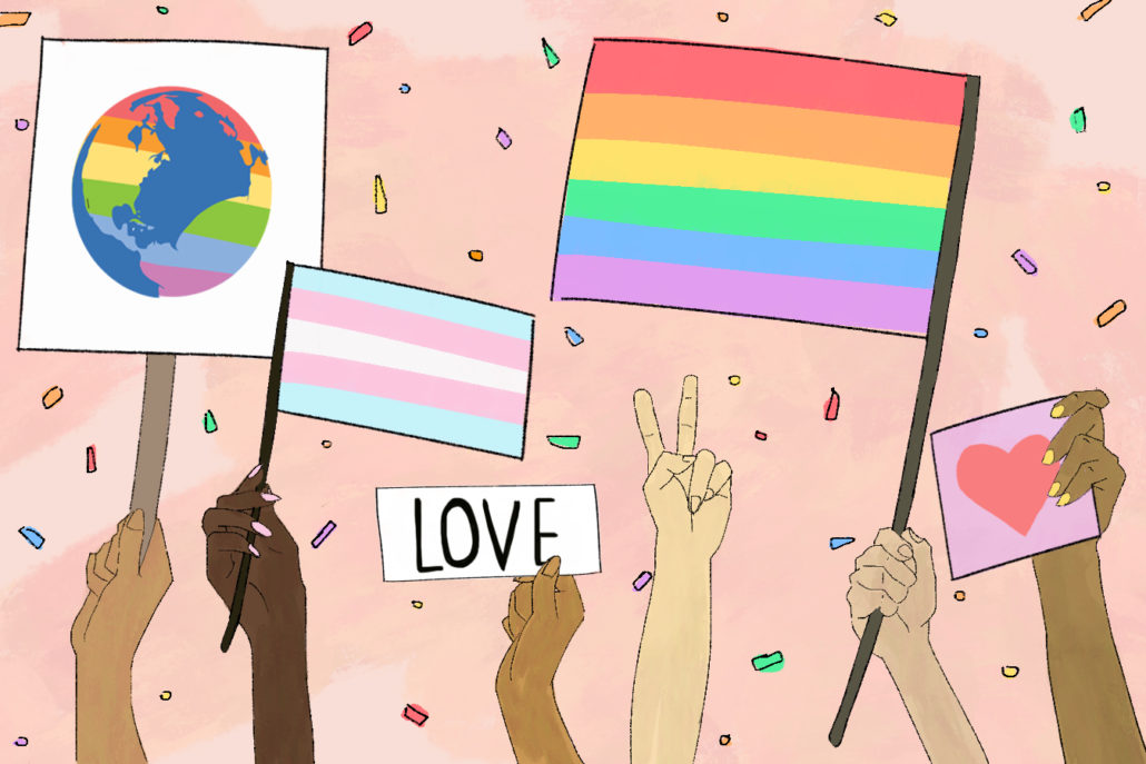 Illustration of hands holding flags including the pride flag