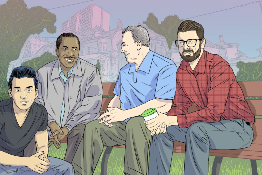 Illustration of a group of men sitting around talking about their mental health. 