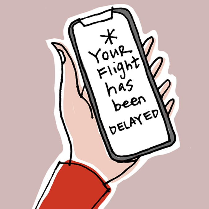 Illustration of a hand holding a phone with writing on the screen