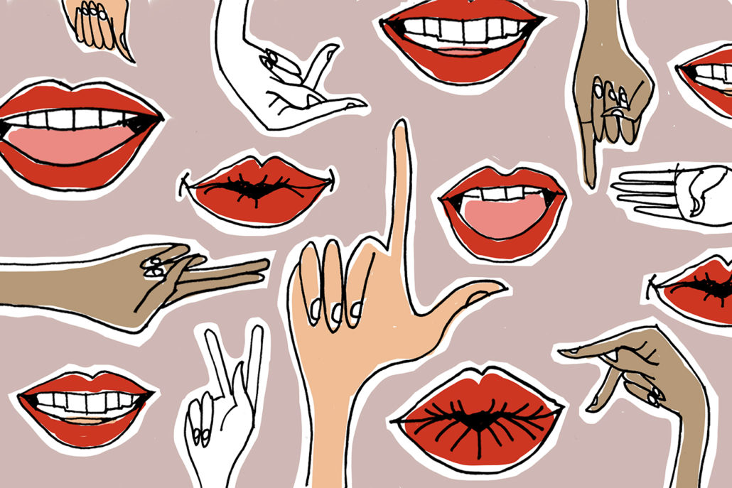 Illustration of lips with different hands doing sign language