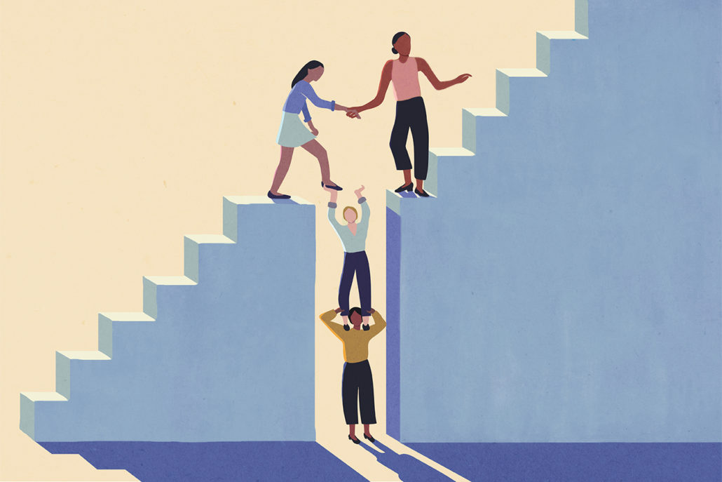 Illustration of a woman trying to climb stairs with a gap and other women helping her