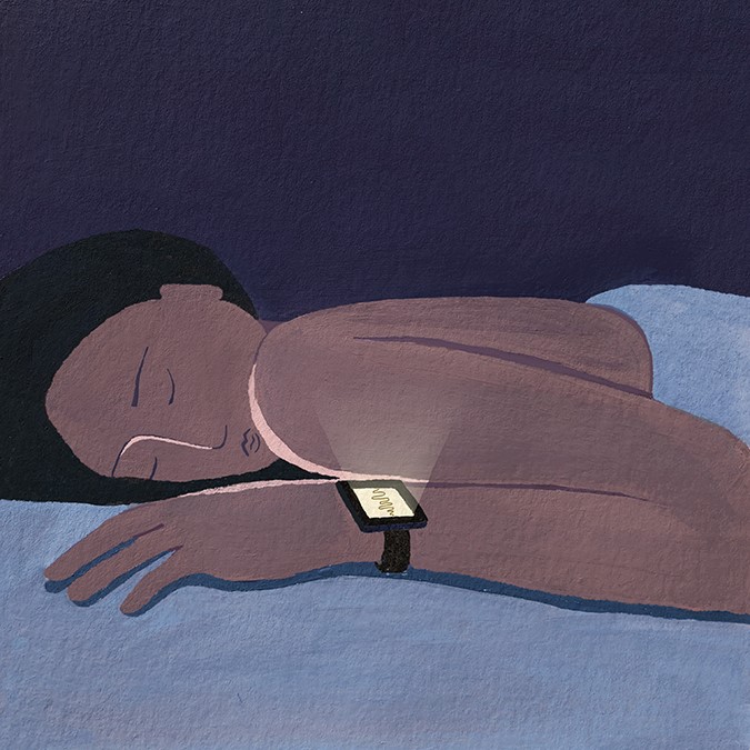 Illustration of a person sleeping with a smart watch monitoring their sleep