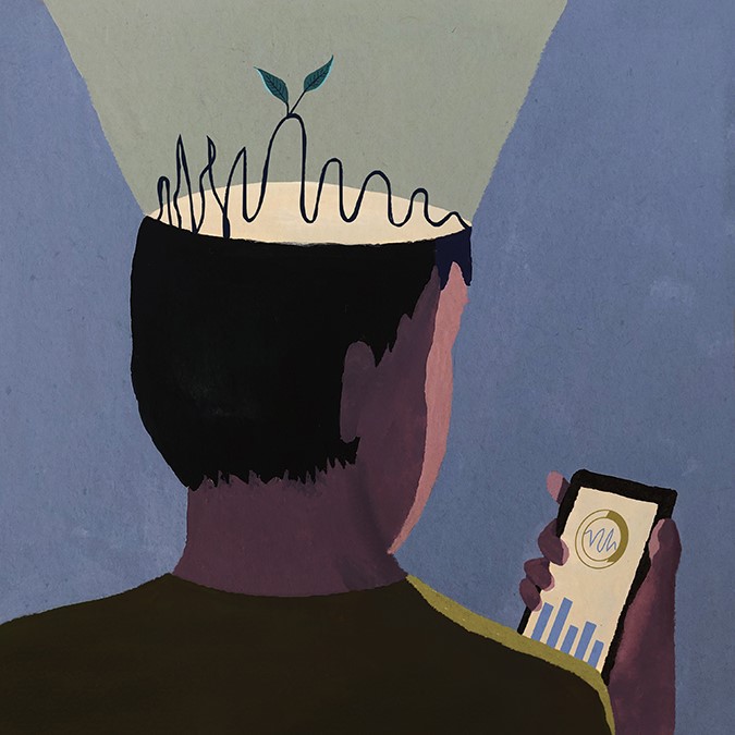 Illustration of a head with a light shining through looking at a phone with a mental health app