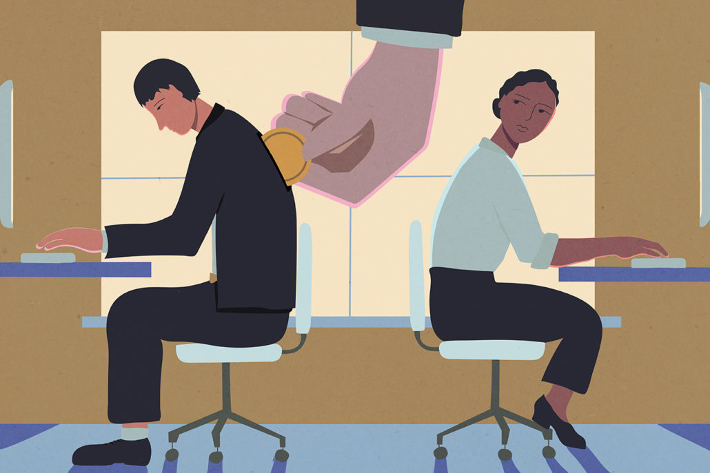 Illustration of a man and woman sitting at desks
