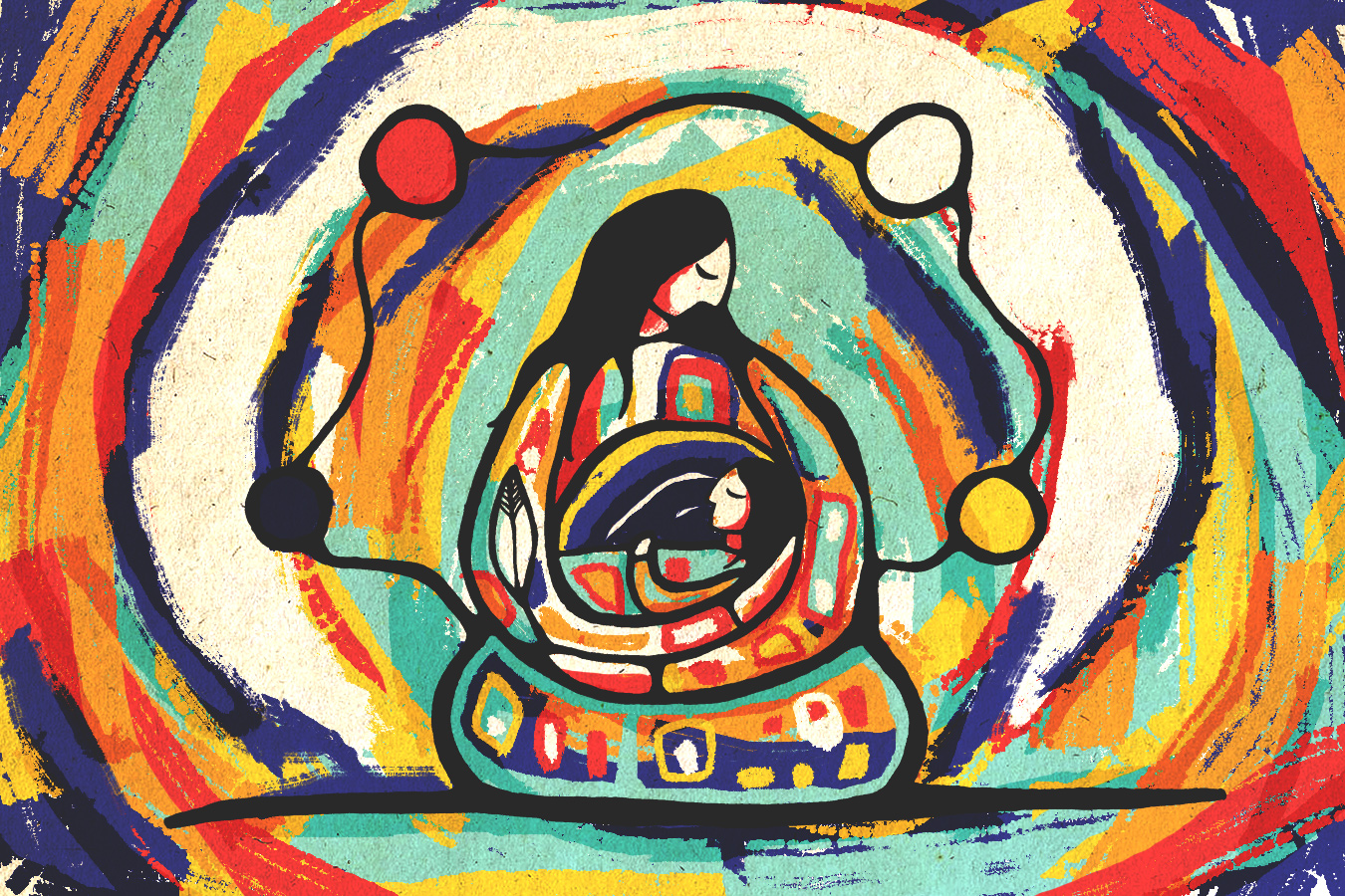 Illustration of a person sitting on a floor holding a baby
