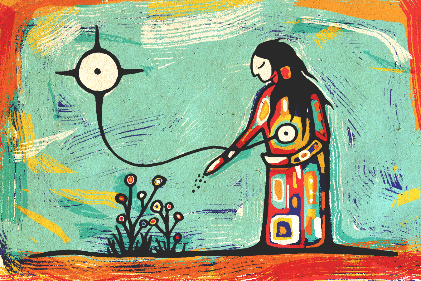 Illustration of a girl standing watering a plant