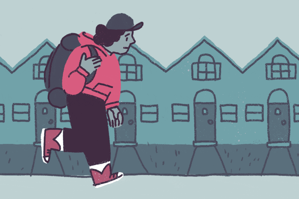 Illustration of young boy walking with backpack