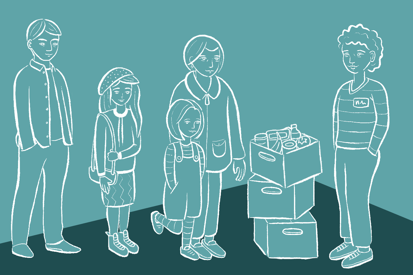 Graphic image of family getting a box of food