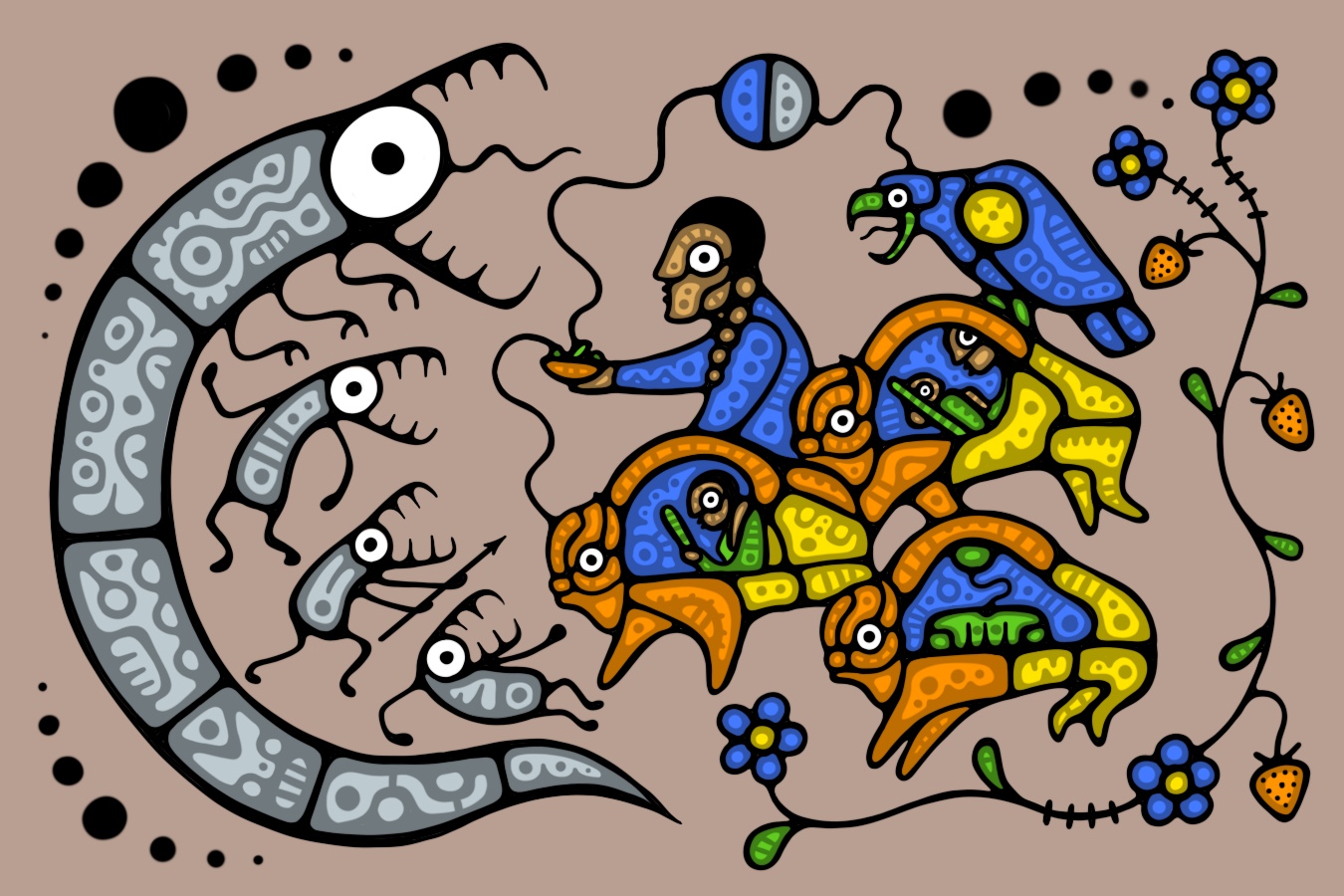 Graphic image of snake, creatures and Indigenous people with buffalo and eagles attacking them.