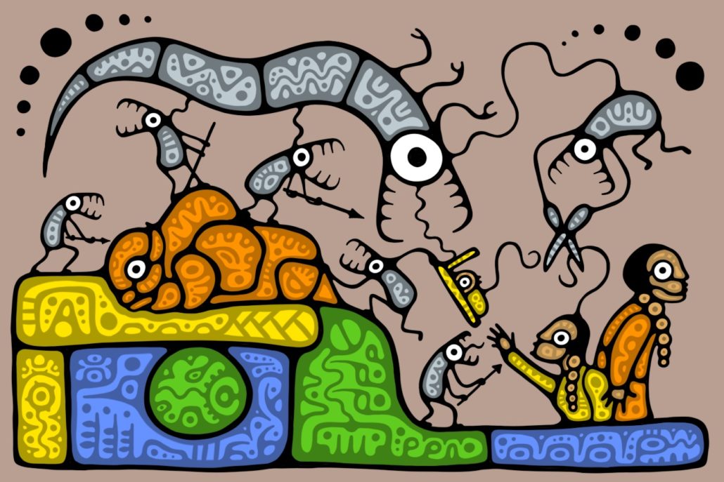Graphic image of snake, creatures and Indigenous mother and child