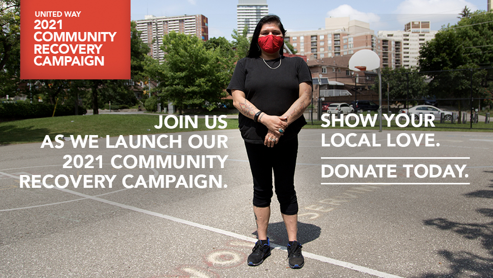 A women wearing a red face mask standing on a basketball court. Words over the photo: Join us as we launch our 2021 Community Recovery Campaign.