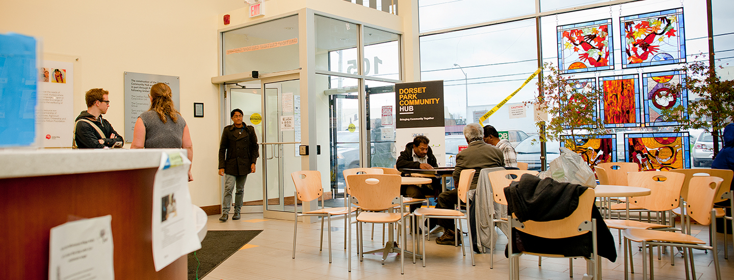 A community hub entrance lobby.