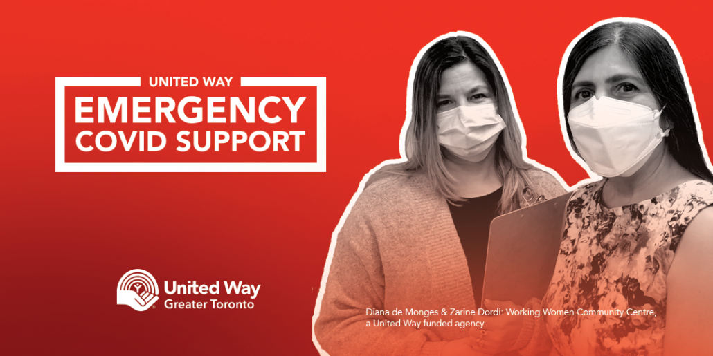 Banner reading 'United Way Emergency Covid Support'. The image features two women from Working Women Community Centre wearing protective facemasks. One of them is holding a clipboard.