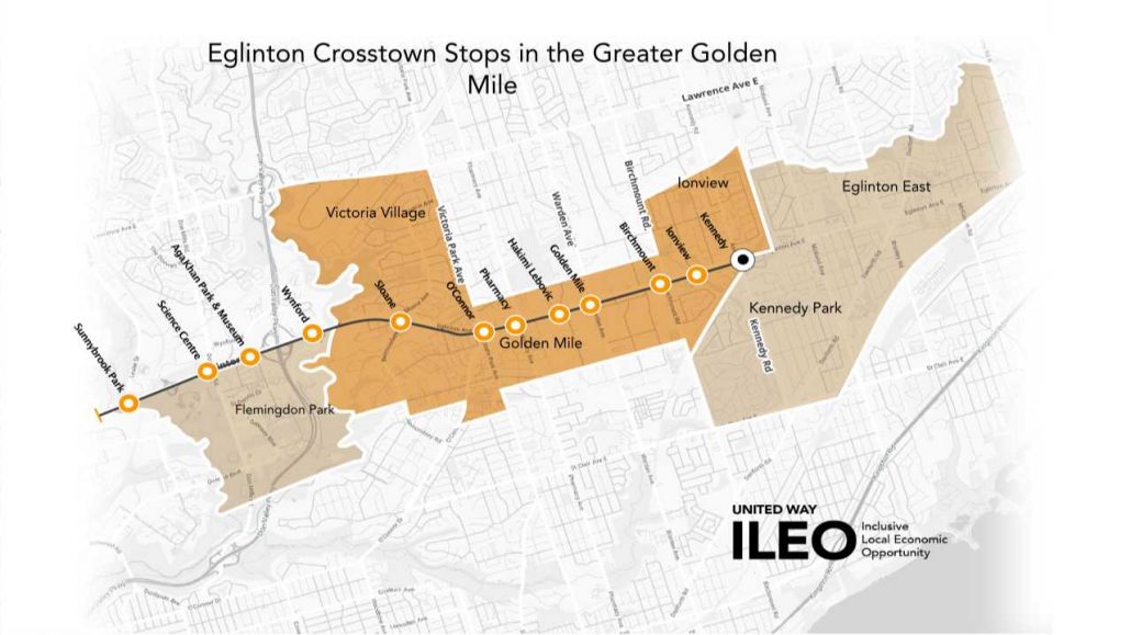 Map of ten new Eglinton Crosstown stops in the Greater Golden Mile.