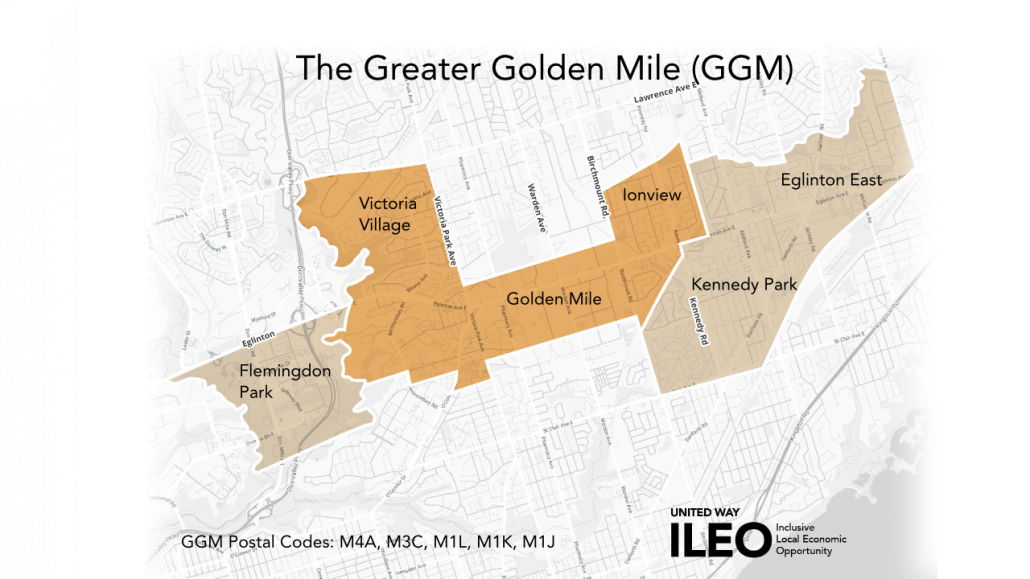 Map of the Greater Golden Mile area which consists of Flemingdon Park, Victoria Village, Golden Mile, Ion View, Kennedy Park and Eglinton East.