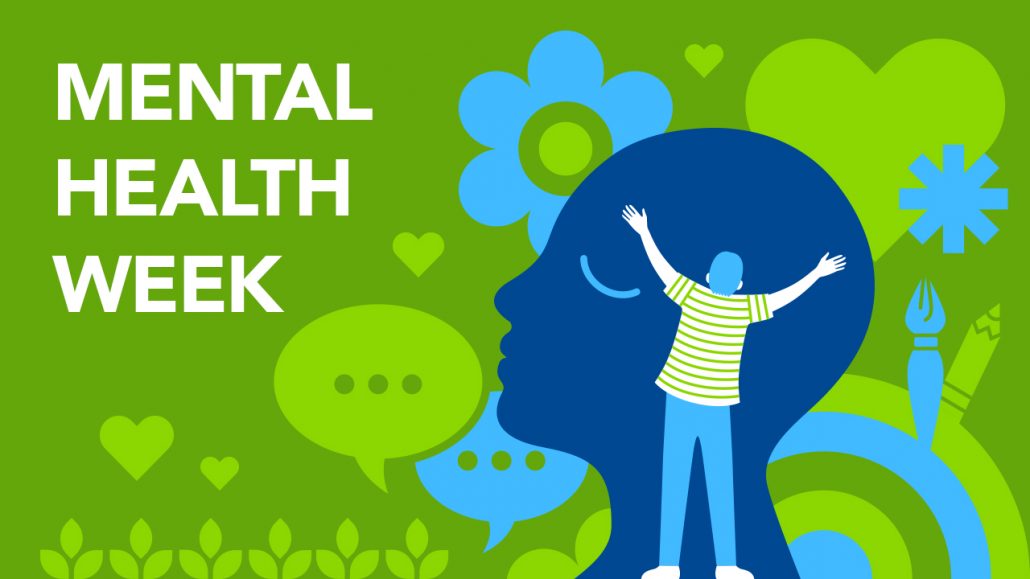 Mental Health Week: Blue and green illustration showing a person embracing the profile of a person’s head