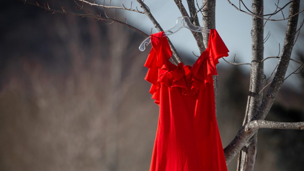 Photo of a red dress hanging from a tree in winter
