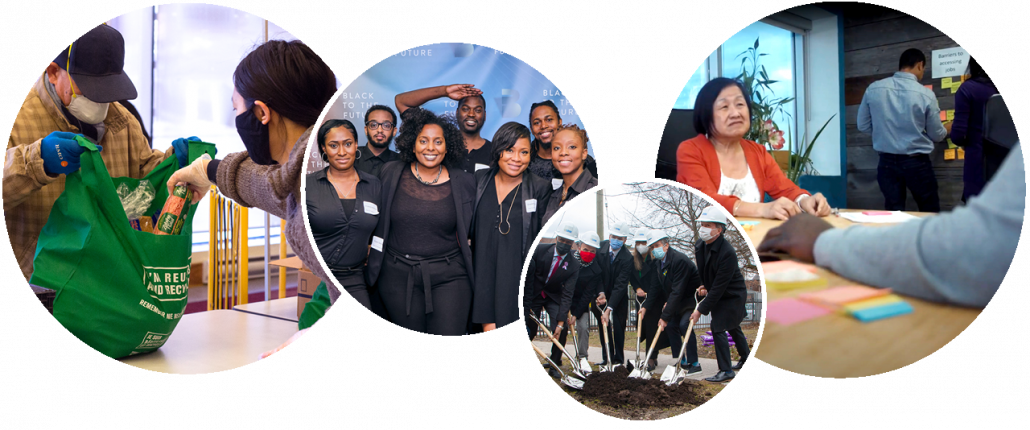 A collage of four photos showing people working at United Way-supported agencies and initiatives