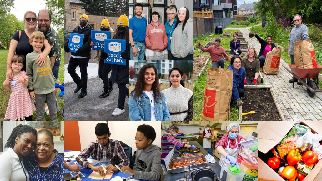 Collage of photos of the work highlighted in our Annual Report and at our AGM, including volunteers working in community, local families and workers at United Way-supported agencies