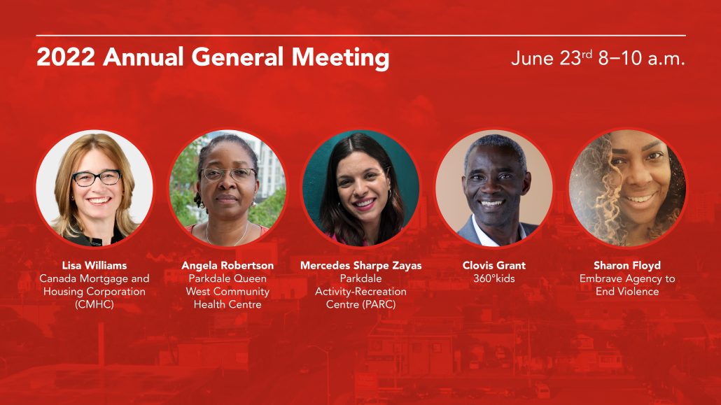 Graphic with headshots of the five panelists with the copy: 2022 Annual General Meeting, June 23 8 a.m.-10 a.m. 