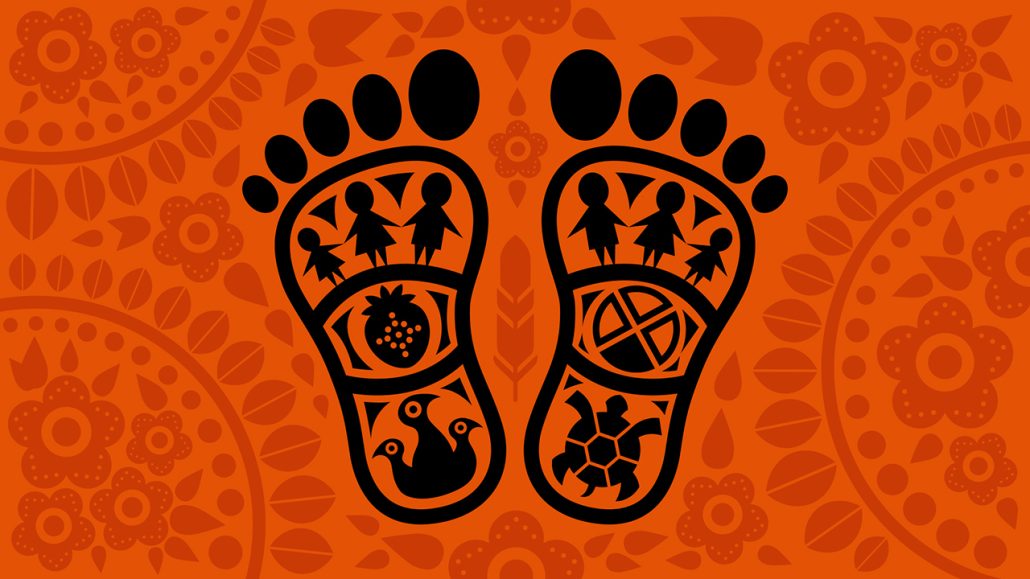 Illustration of two feet with a design including people, strawberries, a medicine wheel, birds and a turtle, on an orange background