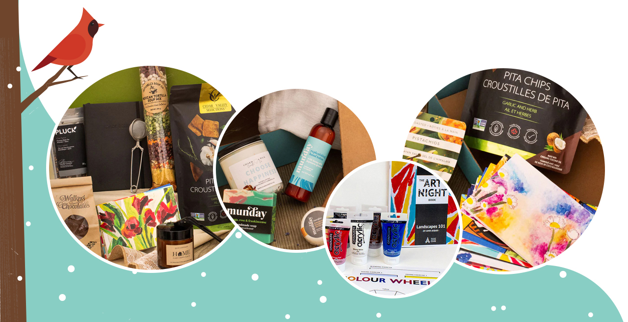 Four photos of Goodness Gift gift boxes, including their home box, wellness box, art box and holiday box.